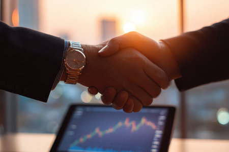 Two professionals engage in a handshake, symbolizing partnership and agreement in a modern office. A tablet with financial data is visible, highlighting business success.の素材