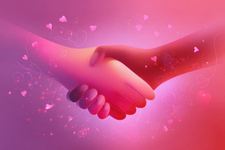 This vibrant illustration features two hands shaking, surrounded by whimsical hearts on a soft pink background, symbolizing unity and love. Perfect for romantic and partnership themes.の素材