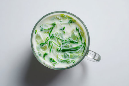 A top view of a glass filled with a creamy drink featuring vibrant green swirls and ice cubes. Perfect for showcasing refreshing beverage ideas.の素材