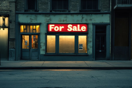 An abandoned building features a bright 'For Sale' sign, illuminated windows, and an empty street, capturing a unique urban landscape at night.の素材
