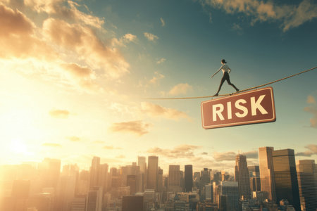 A business professional is depicted walking on a tightrope over a sprawling city, symbolizing the balance of risk and opportunity in entrepreneurship and decision-making.の素材
