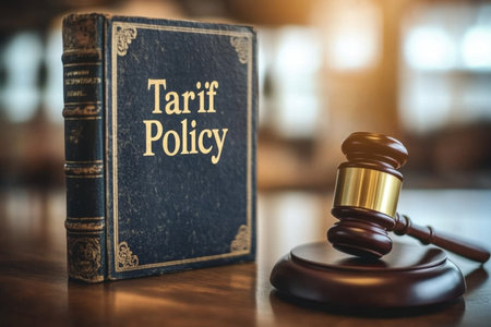This image captures a gavel beside a book titled Tariff Policy, emphasizing the role of law in regulating trade and economic relations within a professional setting.の素材