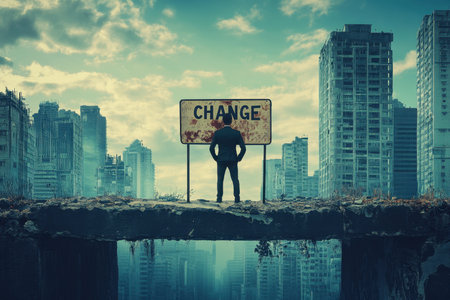 A reflective figure stands on a crumbling edge, facing a sign labeled Change. The backdrop showcases a haunting urban environment that evokes deep contemplation.の素材