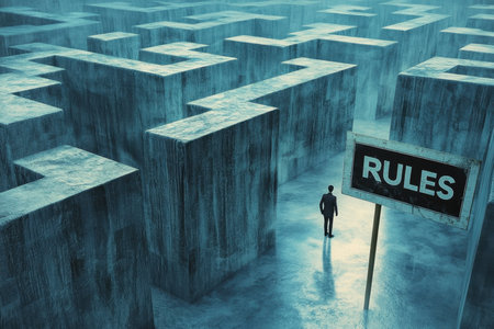 A lone figure explores an intricate maze, standing before a sign that reads "RULES". This scene captures the essence of decision-making, uncertainty, and life's complexities.の素材