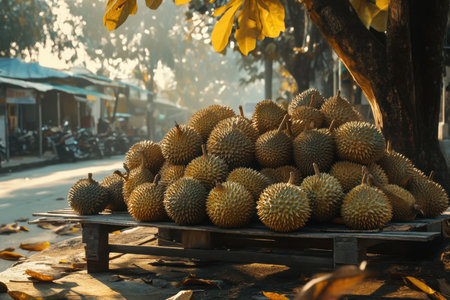This captivating image features a vibrant display of durian fruits stacked on a wooden cart, adorned with autumn leaves. The bustling market scene highlights the tropical bounty in warm sunlight.の素材