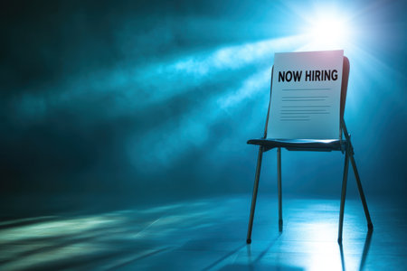 A dramatic scene featuring a chair with a Now Hiring sign, illuminated by soft light, highlighting the theme of job opportunities and the recruitment process.の素材