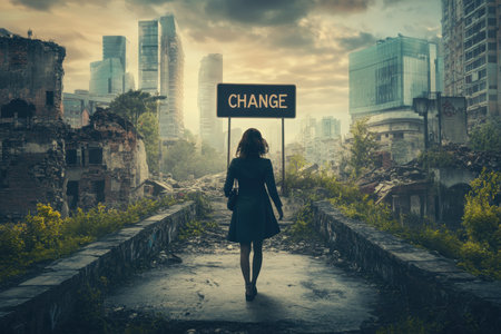 A woman stands alone in a dilapidated city, holding a sign that says "Change." This image represents transformation, renewal, and the journey toward a hopeful future.の素材