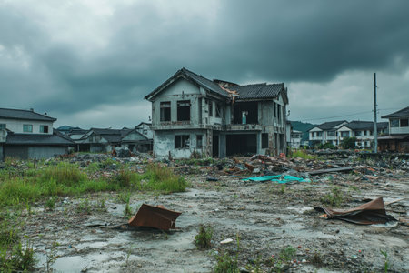 An abandoned house stands in a desolate neighborhood filled with debris and overgrown grass, highlighting themes of decay and isolation under a stormy sky.の素材