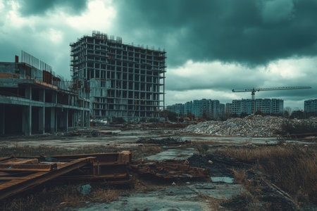 A dramatic view of an abandoned construction site under dark clouds, highlighting the themes of urban decay and neglect in a once-promising development area.の素材