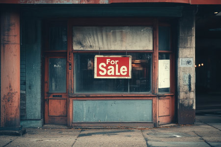 A weathered storefront displays a bright red "For Sale" sign, suggesting potential opportunities in an urban area. The scene captures a moment of change in the business landscape.の素材