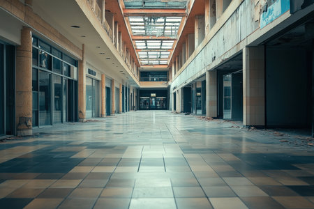An evocative image of an abandoned shopping mall interior, showcasing empty hallways and broken windows, evoking feelings of loneliness and urban decay.の素材