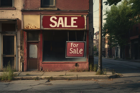 A haunting scene of an abandoned storefront displaying a large "For Sale" sign. This image captures the essence of urban decay, evoking feelings of nostalgia and forgotten stories.の素材