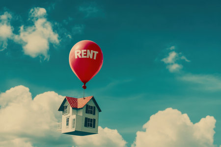 A vibrant hot air balloon carrying a house floats in a bright sky, symbolizing rental opportunities and the dream of creating a home within a lively, imaginative scene.の素材
