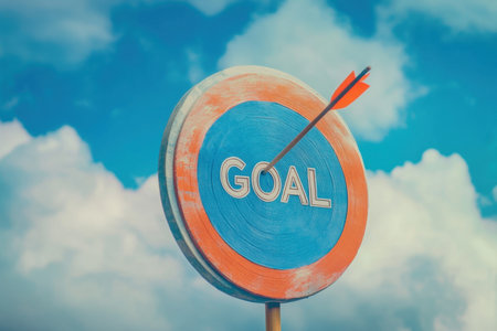 An inspiring image showing a target with an arrow striking the center, symbolizing focus on goals and aspirations against a serene blue sky and soft clouds.の素材