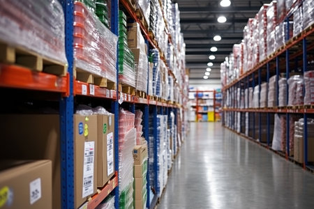 An expansive view of a warehouse storage aisle showcasing neatly arranged colorful boxes on shelves under bright lighting, emphasizing order and efficiency in logistics.の素材