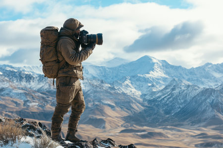 A passionate photographer stands on a rocky peak, capturing the serene beauty of snow-capped mountains and dramatic clouds in the morning light.の素材