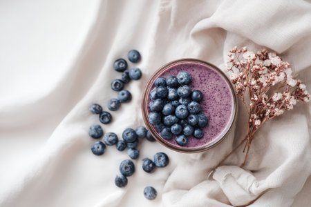 A vibrant blueberry smoothie in a glass bowl, topped with fresh blueberries, captures the essence of healthy living. Ideal for recipes and nutrition themes.の素材