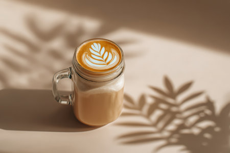A beautifully crafted latte in a glass mug, showcasing intricate art, with soft shadows cast by leaves, creating a warm and inviting atmosphere perfect for coffee lovers.の素材