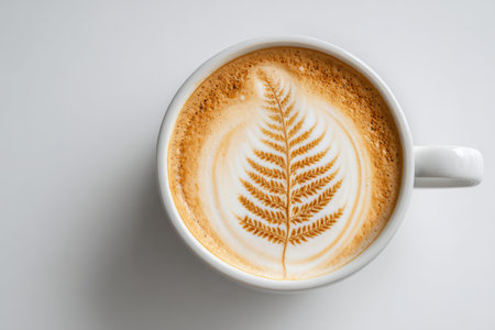 A beautifully crafted coffee cup featuring intricate fern latte art on creamy foam. Perfect for coffee lovers and art enthusiasts alike.の素材