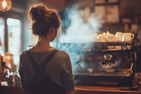 A barista stands with her back to the camera while preparing coffee in a cozy cafe. Steam rises from the espresso machine, creating a warm, inviting atmosphere perfect for coffee lovers.の素材