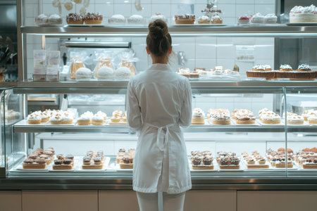 A dedicated baker in a white uniform admires an array of beautifully crafted desserts and pastries in a modern bakery setting.の素材