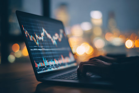 A person analyzes financial data on a laptop, showcasing a stock market chart. City lights create a mesmerizing bokeh effect, enhancing the nighttime ambiance of this modern workspace.の素材