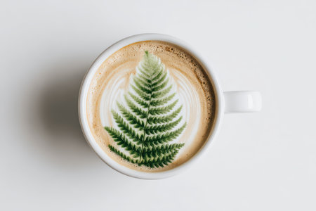 This stunning image showcases a cup of coffee featuring intricate fern leaf art on a creamy surface, perfect for cafの素材