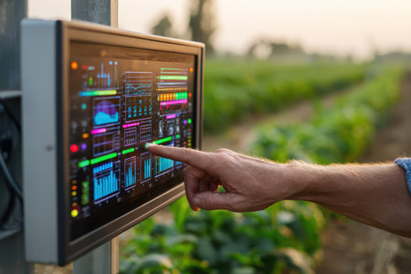 A farmer interacts with an advanced digital monitor showcasing agricultural data analytics. The screen displays critical farm metrics, enhancing sustainable practices.の素材