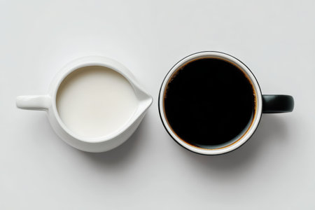A minimalist display featuring a cup of black coffee beside a jug of milk. Perfect for morning routines and breakfast scenes. Ideal for food and beverage themes.の素材
