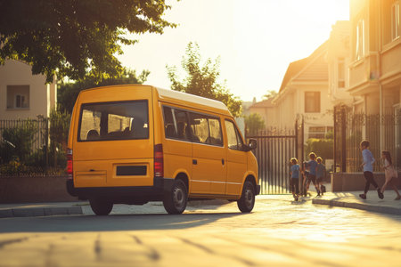 A vibrant yellow van is parked on a sunny street as children joyfully play nearby, capturing the essence of carefree summer days and community spirit.の素材