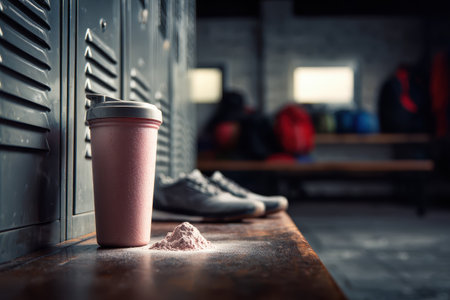 A gym locker room scene featuring a pink protein shake container and powder, symbolizing fitness and nutrition for active individuals.の素材