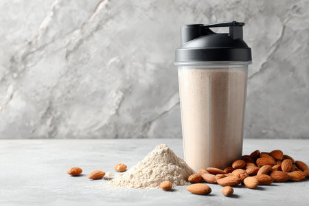 A nutritious protein shake in a blender bottle, surrounded by almond nuts and powdered supplement. Perfect for fitness enthusiasts and health-conscious individuals.の素材