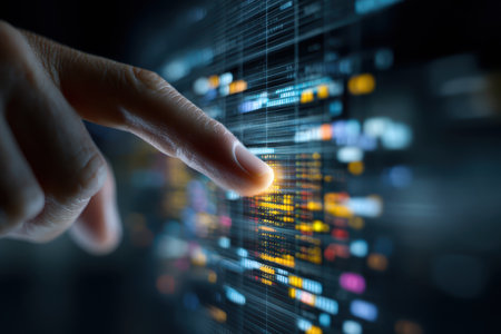 A close-up view of a finger interacting with a vibrant digital display, showcasing glowing data elements. Perfect for technology and innovation themes.の素材