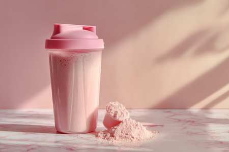 A vibrant pink protein shake in a blender bottle sits next to spilled powder. Perfect for nutrition and fitness enthusiasts seeking a refreshing energy boost.の素材