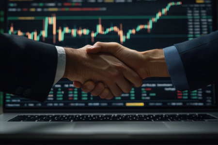 Close-up of two individuals shaking hands in front of a financial trading screen, symbolizing partnership and successful business dealings in trading.の素材