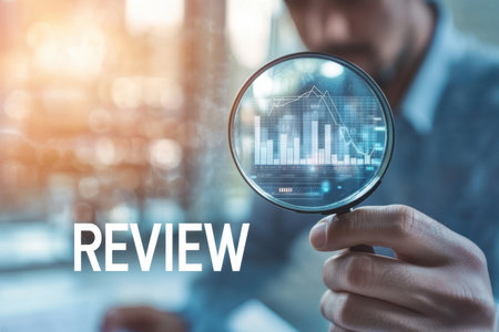 A business professional uses a magnifying glass to closely examine financial graphs, emphasizing the importance of review and analysis in decision-making processes.の素材