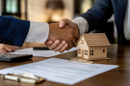 A professional handshake signifies a business agreement in real estate, featuring a wooden house model and documents on the table.の素材