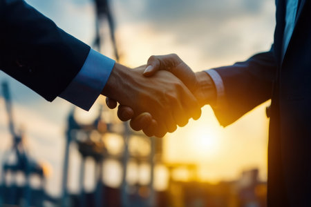 Two hands come together in a handshake against a beautiful sunset, symbolizing partnership and agreement in a professional setting.の素材
