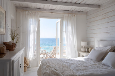 Experience the serenity of this bright coastal bedroom featuring soft white decor, an inviting ocean view, and a connection to nature's beauty.の素材