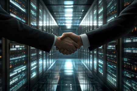A close-up of two professionals shaking hands in a high-tech data center, symbolizing collaboration, agreement, and innovation in business.の素材