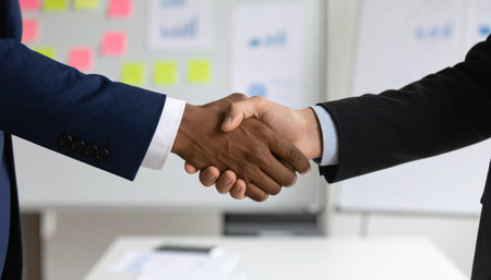 A close-up of a business handshake between two professionals in an office setting, symbolizing partnership and successful collaboration in the corporate world.の素材