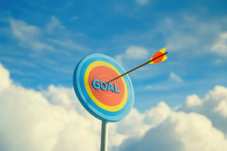 A vibrant archery target with a sharp arrow striking the bullseye, surrounded by a clear blue sky and fluffy clouds, symbolizing success and achievement.の素材