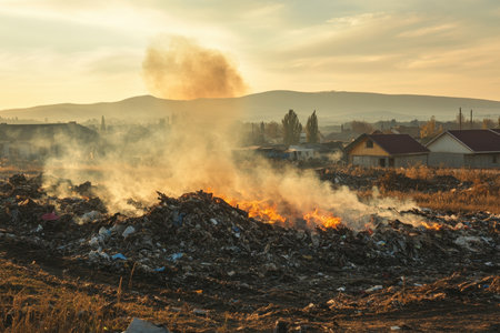 An evocative scene showing burning waste in a rural area during sunset, highlighting environmental concerns related to air pollution and waste management issues.の素材