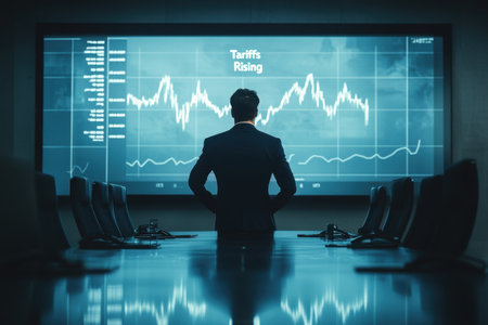 A business executive stands in a modern conference room, analyzing economic trends displayed on a large screen. The environment is tailored for strategic discussions and financial insights.の素材