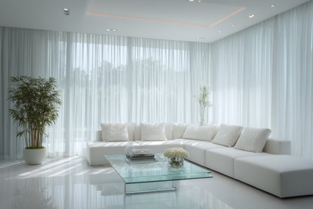 A bright and modern living room featuring a white sofa, glass table, and soft curtains. This stylish space is perfect for relaxation and showcases minimalistic decor.の素材