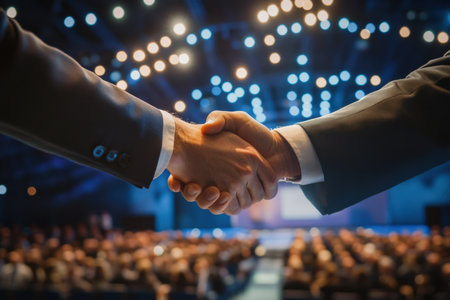 A close-up of two business professionals shaking hands in a conference hall, symbolizing partnership, trust, and collaboration amidst a blurred audience.の素材