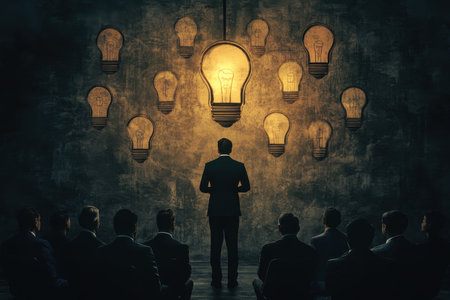 A business leader stands before an audience in a dim room, surrounded by glowing light bulbs, symbolizing the spark of creativity and innovative ideas.の素材