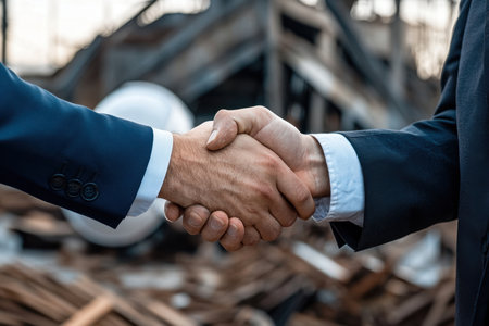 Two business professionals engage in a handshake in an abandoned industrial environment, symbolizing collaboration and building partnerships in challenging settings.の素材