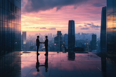 Two business professionals shake hands in silhouette, set against a stunning sunset skyline, symbolizing partnership and success in a corporate environment.の素材
