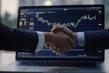 A close-up of a handshake between two business partners in suits, set against a laptop screen showing financial charts, symbolizes successful collaboration and growth in the finance sector.の素材
